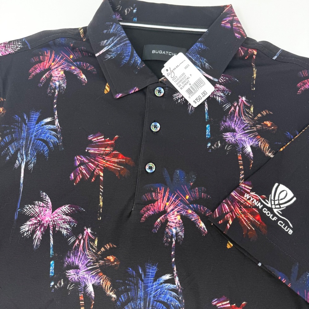 Bugatchi Mens Medium Palm Tree Print Mercerized Cotton Polo Wynn Golf Club NEW